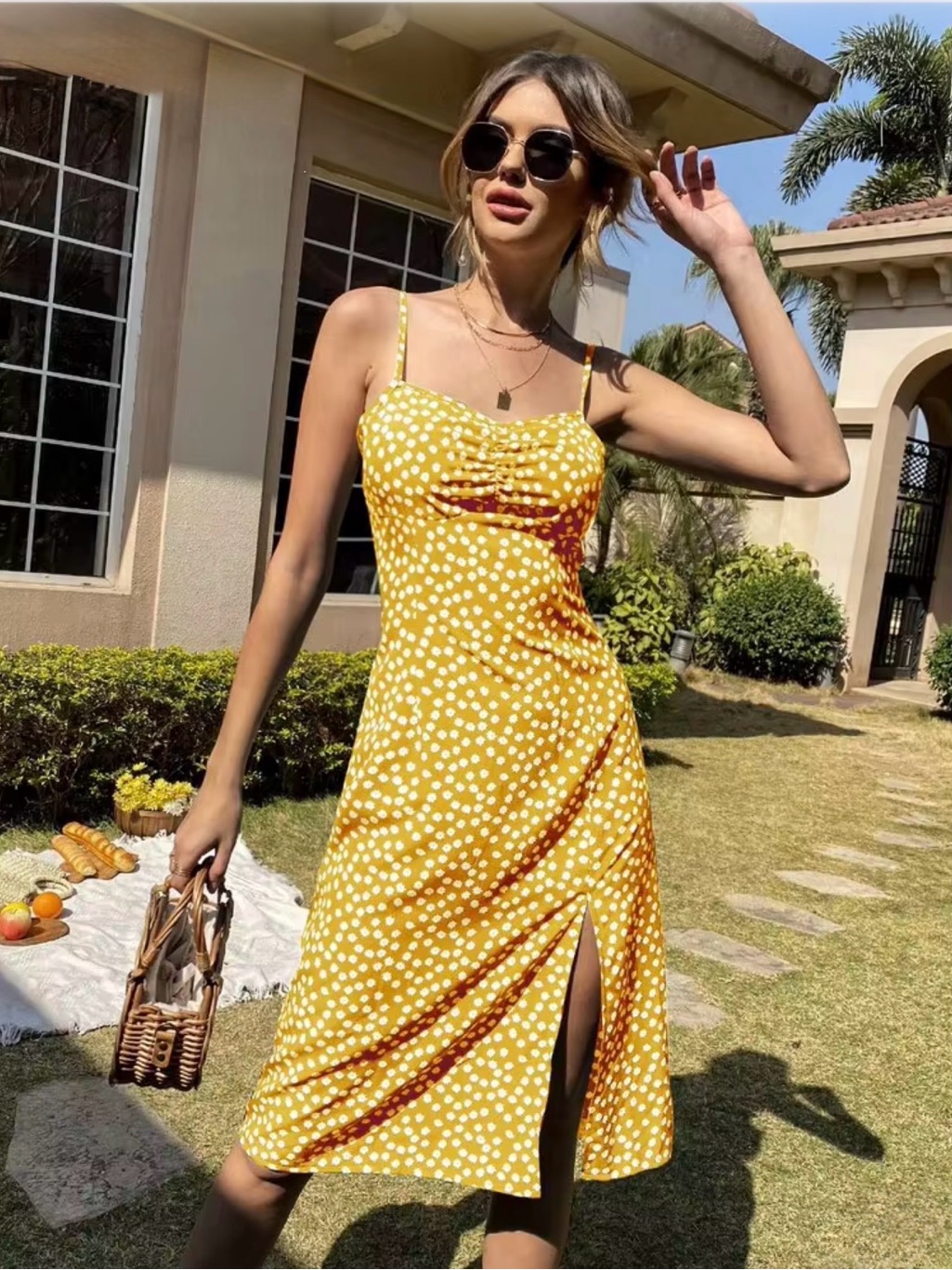 Shein Yellow White Polka Dot Midi Slip Dress With Side Slit